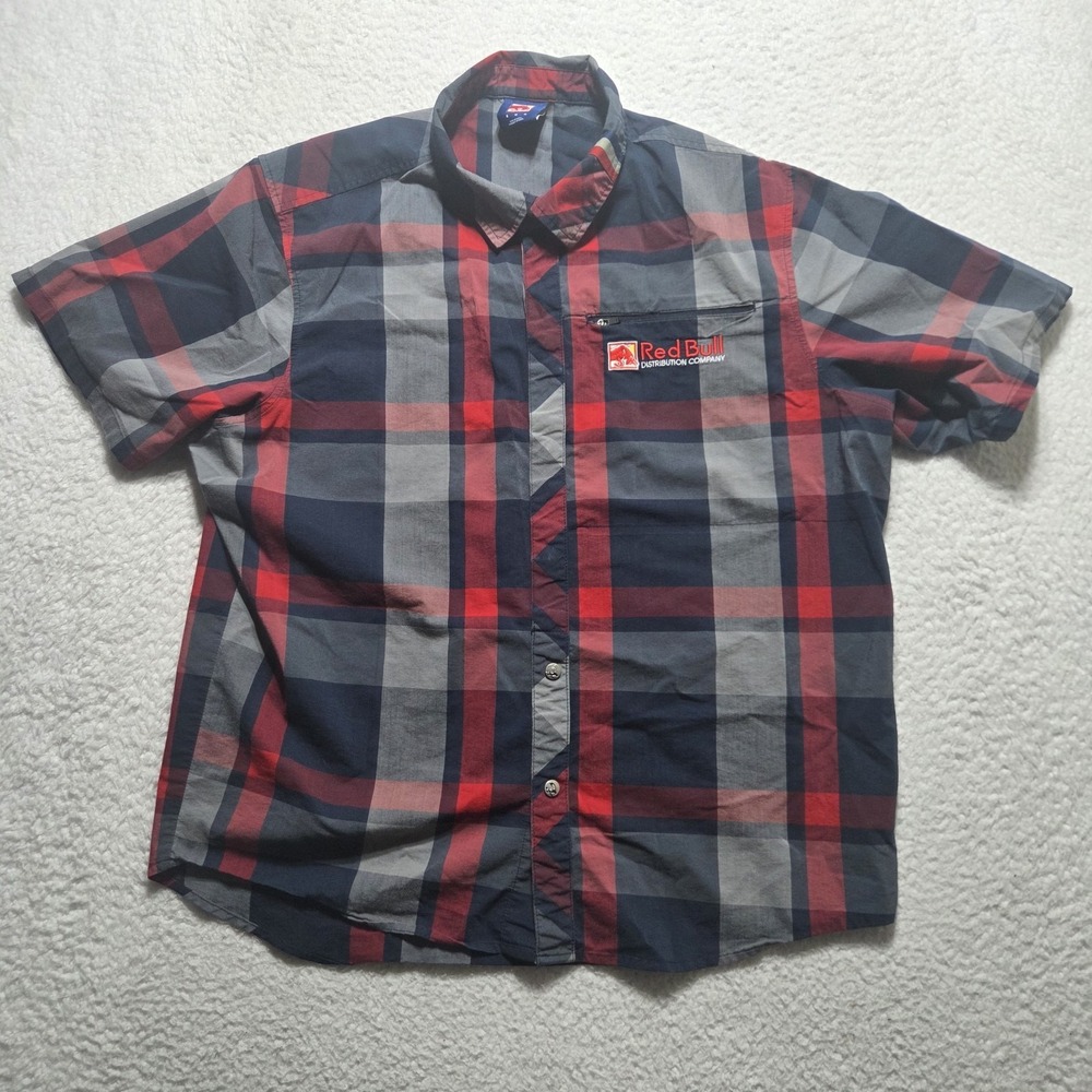 Red Bull Distribution Shirt Red Short Sleeve Button Down Plaid Mens Large